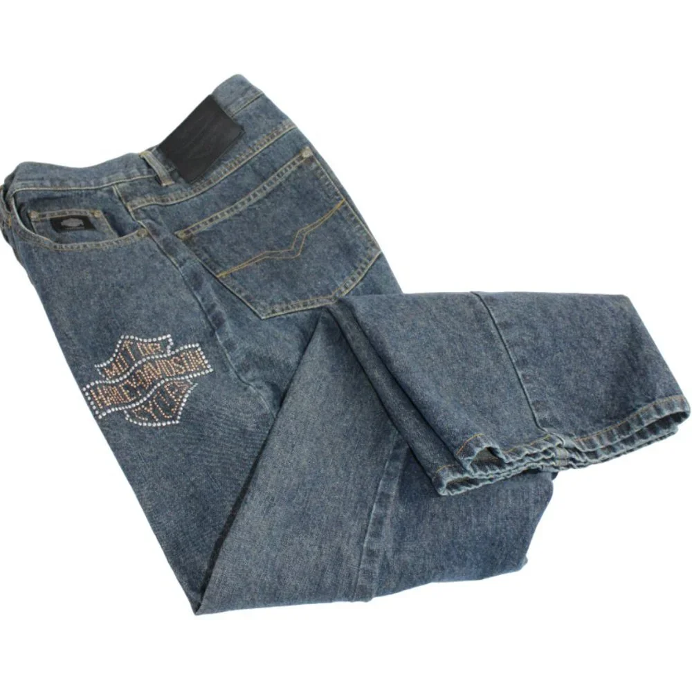 Harley Davidson Classic Blue Wash Logo Studded Boot/Flare Jeans, Size 12